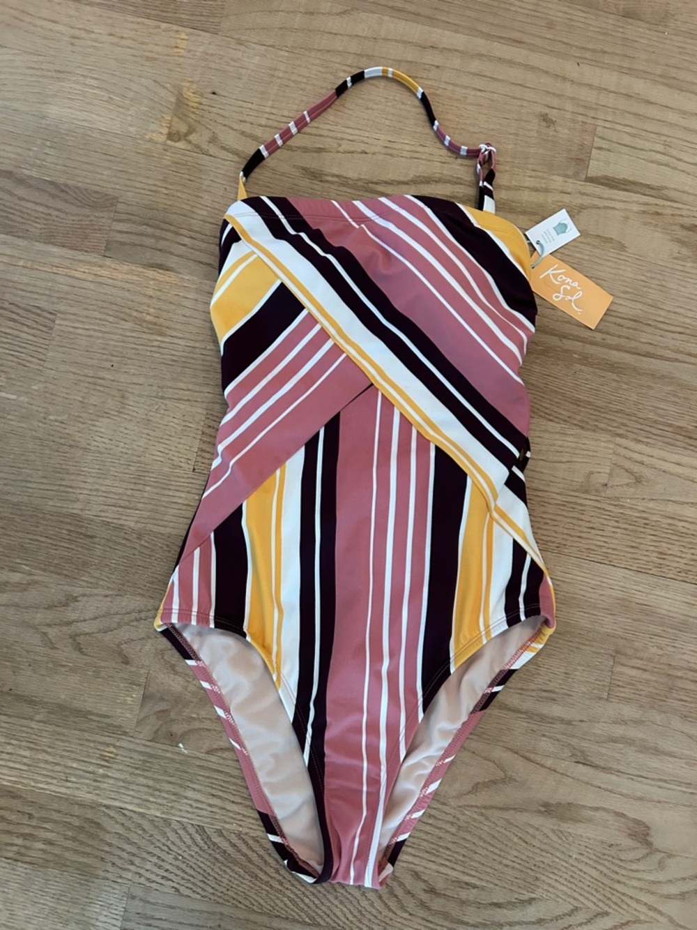 Kona Sol Women’s ' Striped One-Piece Swimsuit - Pink, Yellow, Black, White